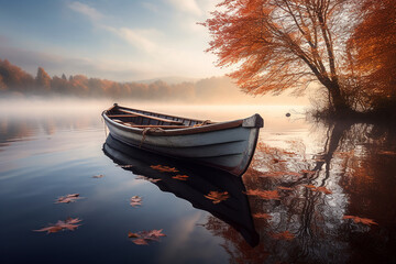 A wooden boat on a lake in the autumn fog