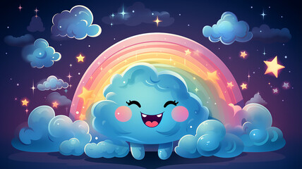 funny cartoon rainbow with eyes and a smile in the night starry sky, good night illustration for children