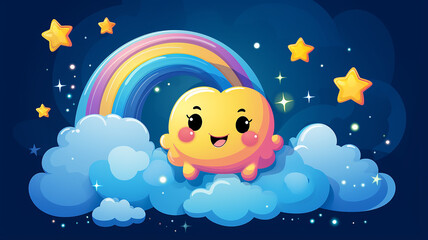 Obraz na płótnie Canvas funny cartoon rainbow with eyes and a smile in the night starry sky, good night illustration for children