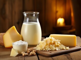 Table with board of different types of cheeses and milk on farmhouse table. AI