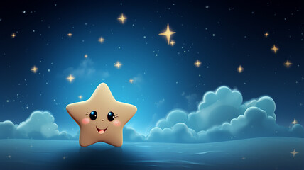 funny cartoon golden star with a smile and eyes on the background of the night sky illustration for children good night baby