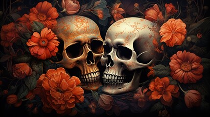 Day of Dead, Dia de los Muertos, Mexican Holiday, Skull Face with Flowers, Beautiful Traditional Art