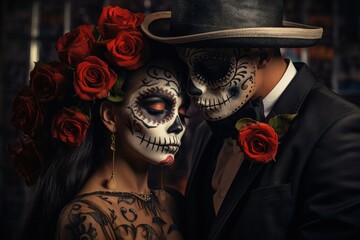 Day of Dead Couple, Dia de los Muertos, Mexican Holiday, Skull Face, Beautiful Art, Romantic Love