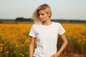 Fototapeta na wymiar White blank t shirt mock up. Woman in field