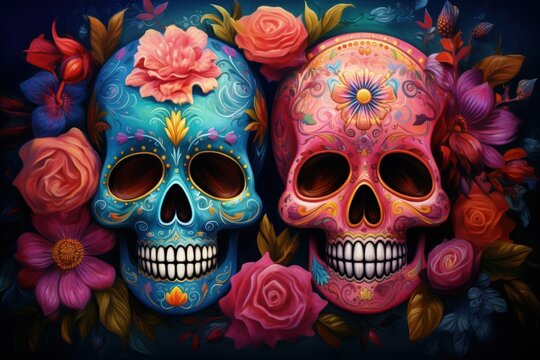 Day of Dead, Dia de los Muertos, Mexican Holiday, Skull Face with Flowers, Beautiful Traditional Art
