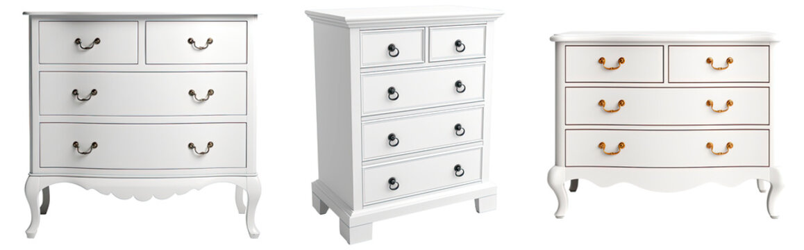 Set of white chest of drawers, isolated on transparent background