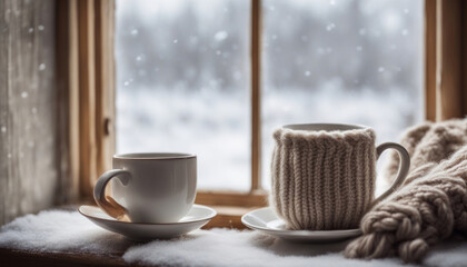 Obraz na płótnie Canvas Cozy Winter Still Life: Tea, Knitting, and Snowy Serenity