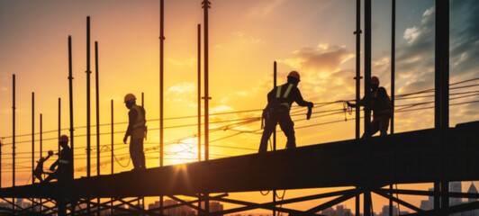 Silhouette of Engineer, a worker on building site construction crews to work on high ground heavy industry and safety, increase minimum wage, workers include better wages, labor law, blurred image - obrazy, fototapety, plakaty