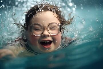 One young caucasian girl with glasses with down syndrome is swimming in the water. World genetic diseases day and syndrome down concept.
