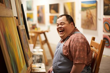 One young caucasian man with down syndrome paints a picture in an art studio. World genetic diseases day and syndrome down concept. - obrazy, fototapety, plakaty