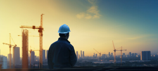Silhouette of Engineer, a worker on building site construction crews to work on high ground heavy industry and safety, increase minimum wage, workers include better wages, labor law, blurred image