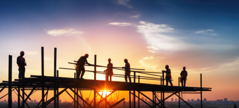 Silhouette of Engineer, a worker on building site construction crews to work on high ground heavy industry and safety, increase minimum wage, workers include better wages, labor law, blurred image