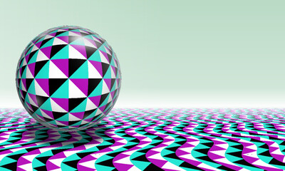 Copy space with patterned sphere on surface that creates the optical illusion of movement. Color background for banner, poster, flyer or page.