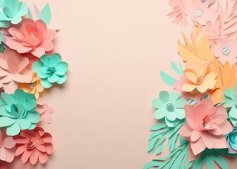 abstract flower background made of paper in pastel colours with copy space, good for post card, invitation or gift card, created with generative ai technology
