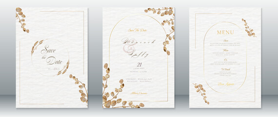 Wedding invitation card template nature design luxury of gold frame and watercolor background
