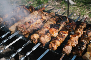 Cooking meat on a skewers. Bbq or barbecue meat. Picnic outdoor. High quality photo.