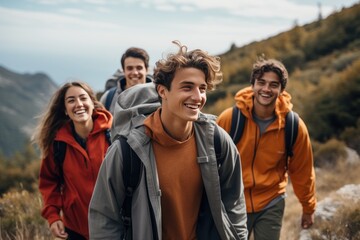 A group of teenagers hiking and enjoying nature, a group of young friends exploring the great outdoors in the mountains, embracing an active lifestyle in nature. - obrazy, fototapety, plakaty