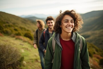 A group of teenagers hiking and enjoying nature, a group of young friends exploring the great outdoors in the mountains, embracing an active lifestyle in nature.