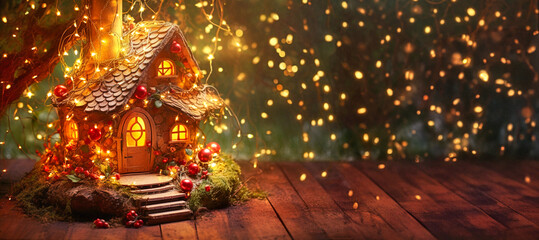 A small fairy tale illuminated cottage illustration, Christmas background with woodland house made by gnomes and trolls