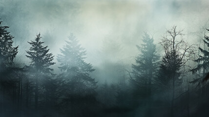 Fototapeta na wymiar landscape coniferous forest in autumn fog, view of fir trees and pines in the silence and tranquility of wild northern nature background