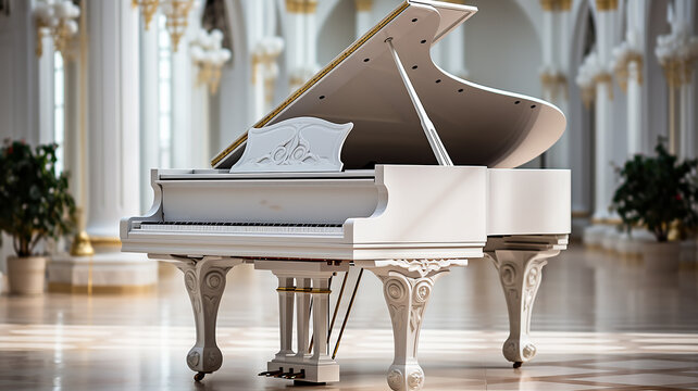 grand piano in a large white hall, classical music concert in a bright interior