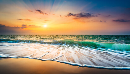 美しい夕日が沈むビーチ - obrazy, fototapety, plakaty