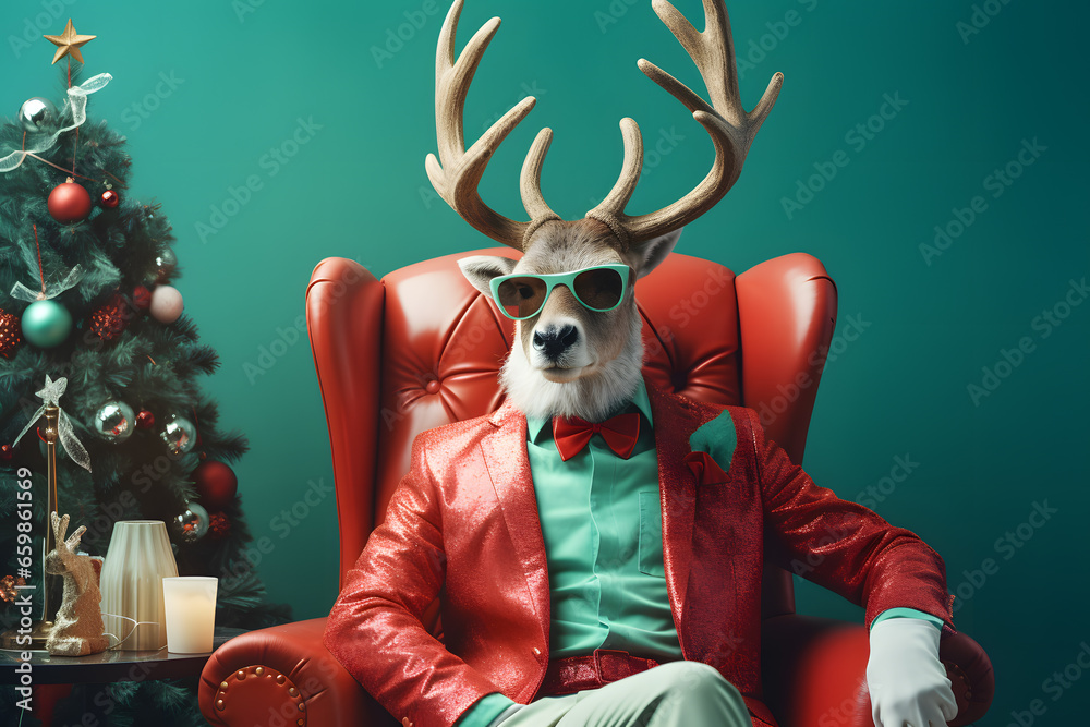 Wall mural modern christmas reindeer with hipster sunglasses and red business suit sitting like a boss in chair