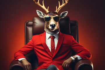 Modern stylish Christmas Reindeer with sunglasses and business suit sitting like a Boss in chair. Creative animal concept banner. Wealthy Santa Claus's sleigh puller.