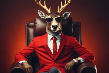 Foto op Canvas Modern stylish Christmas Reindeer with sunglasses and business suit sitting like a Boss in chair. Creative animal concept banner. Wealthy Santa Claus's sleigh puller. © SM.Art