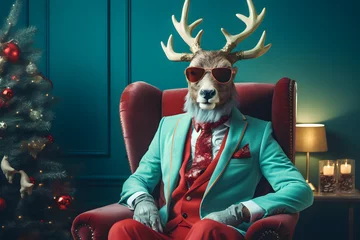 Poster Modern Christmas Reindeer with sunglasses and business suit sitting like a Boss in chair. Creative animal concept banner.  Trendy Santa Claus's sleigh puller. © SM.Art