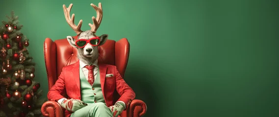 Foto op Plexiglas Trendy Christmas Rudolph deer with sunglasses and business suit sitting like a Boss in chair. Creative animal concept banner. Pastel teal green background. © SM.Art