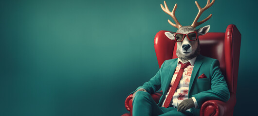 Modern Xmas Deer with hipster sunglasses and business suit sitting like a Boss in chair. Creative animal concept banner. Trendy Pastel teal green background. - obrazy, fototapety, plakaty