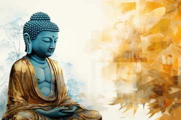 Foto op Canvas glowing golden buddha statue with lotuses © Kien