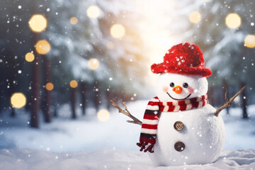 Decoración navideña con un alegre muñeco de nieve en la nieve en un parque invernal con un hermoso desenfoque de luces. - obrazy, fototapety, plakaty