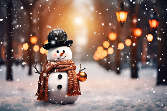 Decoración navideña con un alegre muñeco de nieve en la nieve en un parque invernal con un hermoso desenfoque de luces.