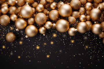 Fondo de bonita decoración navideña con bolas doradas y luces de Navidad difuminadas. Fondo difuminado de pantalla ancha para Año Nuevo.