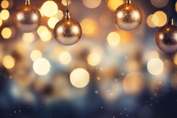 Fondo de bonita decoración navideña con bolas doradas y luces de Navidad difuminadas. Fondo difuminado de pantalla ancha para Año Nuevo. - obrazy, fototapety, plakaty