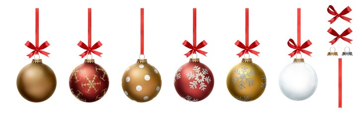 A collection of red, gold and clear Christmas baubles hanging from red ribbon and bow with...