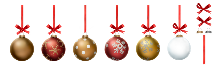A collection of red, gold and clear Christmas baubles hanging from red ribbon and bow with snowflake glitter patterns on them isolated against a transparent background