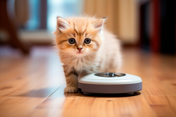 Fototapeta premium Adorable kitten play with robot vacuum cleaner at home
