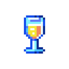 Pixel Art Glass of Champagne. Retro 8 bit Style Merry Christmas and Happy New Year Winter Holidays Beverage Alcohol Drink Illustration. Sticker, Retro Decorative Element, Game Asset, Patch.	