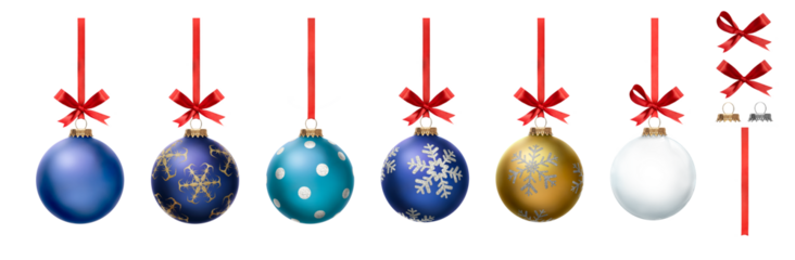 A collection of blue, red, green and clear Christmas baubles hanging from red ribbon and bow with snowflake glitter patterns on them isolated against a transparent background