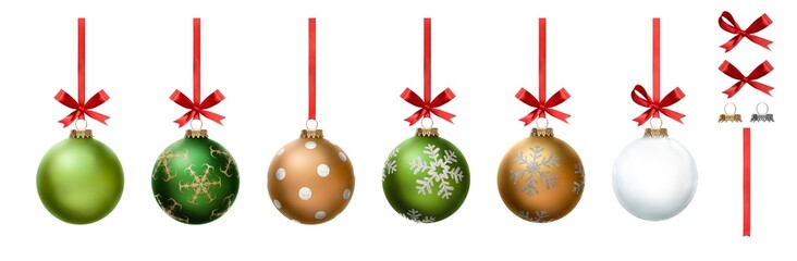A collection of green, gold and clear Christmas baubles hanging from red ribbon and bow with snowflake glitter patterns on them isolated against a transparent background