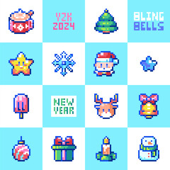 Retro 8bit Christmas Pattern. Pixel Art Y2K Santa Claus, Snowman, and Ice Cream Decorations. 90s Old-School Aesthetic with Holiday Motifs on Grid Background for Kids and Vintage Lovers.