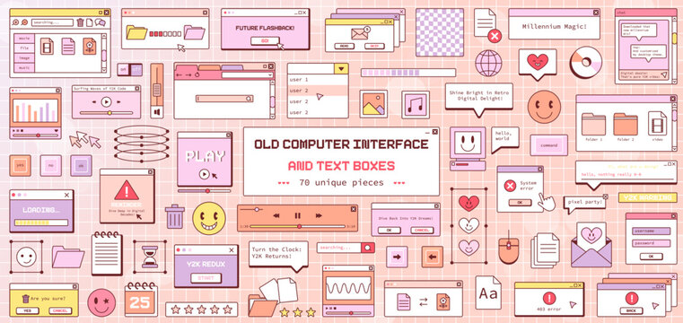 Y2K Retro Digital Interface Vector Collection: 90s-2000s Pastel Aesthetic Desktop Design Elements, Icons, Text Boxes, UI Patterns, and Nostalgic Computer Graphics Illustrations.
