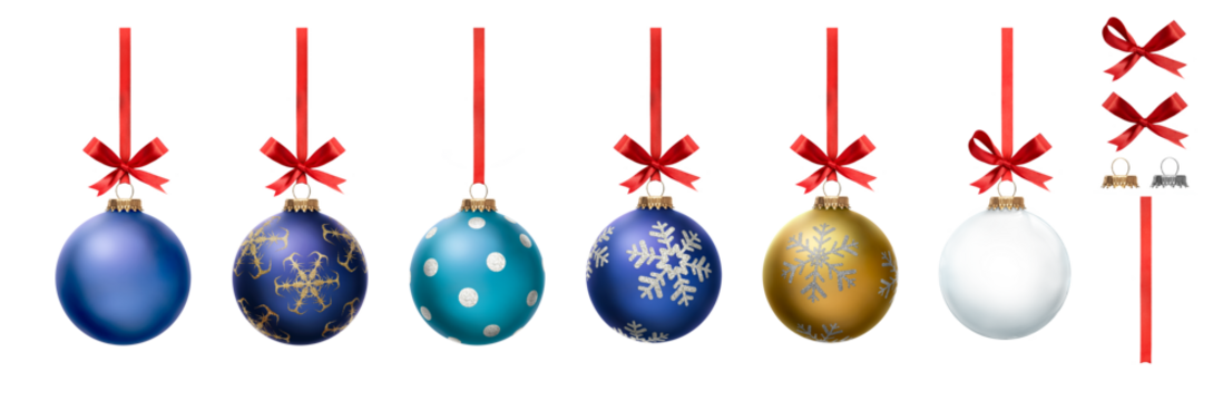 A collection of blue, red, green and clear Christmas baubles hanging from red ribbon and bow with snowflake glitter patterns on them isolated against a transparent background