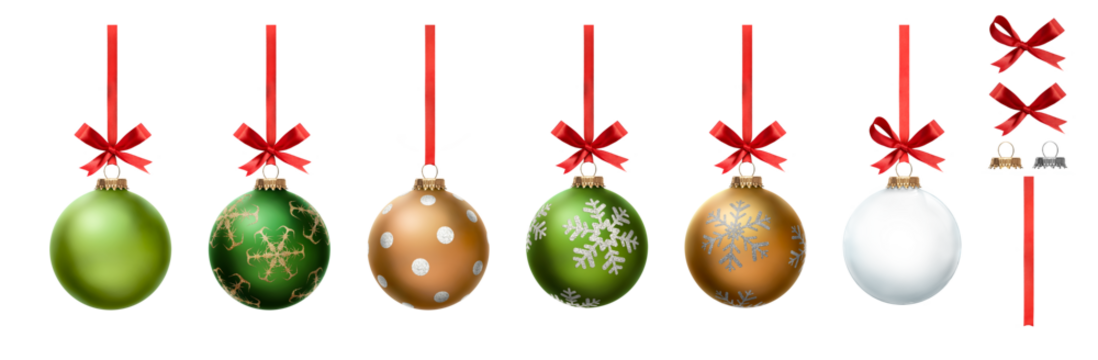 A collection of green, gold and clear Christmas baubles hanging from red ribbon and bow with snowflake glitter patterns on them isolated against a transparent background
