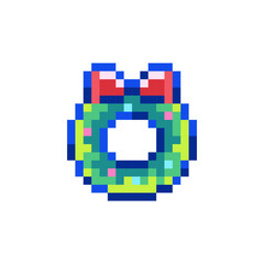 Pixel Art Christmas Wreath. Retro 8 bit Style Merry Christmas and Happy New Year Winter Holidays Illustration. Ideal for Sticker, Retro Decorative Element, Game Asset, Emoji, Patch.	