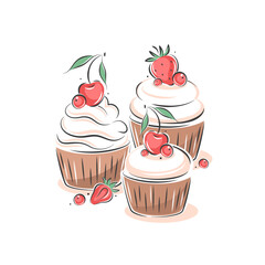 Сake, cupcake and berries. Cake shop. Vector illustration on white background for menu, recipe book, baking shop.