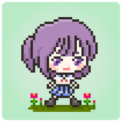 8 bit of pixel kids character. Pixel School girl in vector illustrations for game assets or cross stitch patterns.